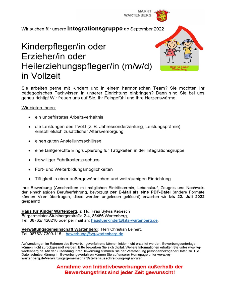 Ausschreibung: Das Kinderhaus Wartenberg sucht: Erzieher / Kinderpfleger / Heilerziehungspfleger (m/w/d)