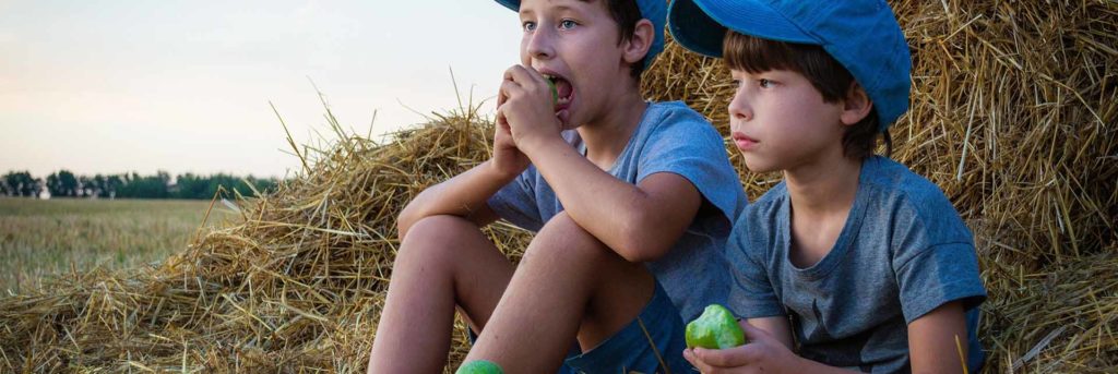 Kita Wartenberg, Kinder sitzen im Heu und essen Äpfel
